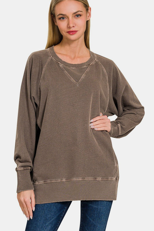 Zenana Round Neck Long Sleeve Sweatshirt - Sweatshirt - Brown - Bella Bourget