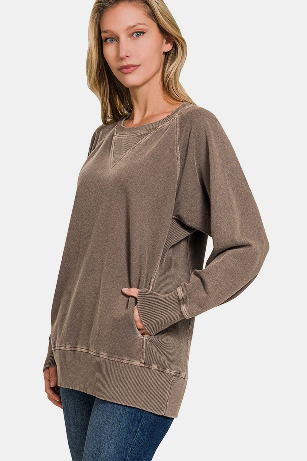 Zenana Round Neck Long Sleeve Sweatshirt - Sweatshirt - Brown - Bella Bourget