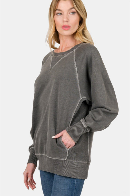 Zenana Round Neck Long Sleeve Sweatshirt - Sweatshirt - Black - Bella Bourget