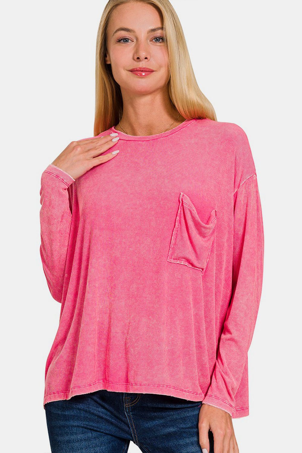 Zenana Round Neck Long Sleeve T - Shirt - Top - FUCHSIA - Bella Bourget