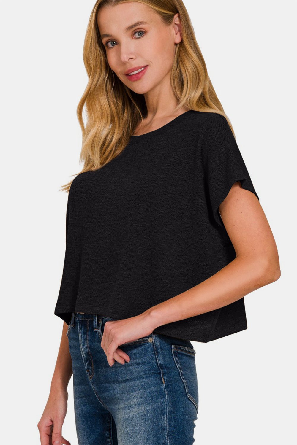 Zenana Round Neck Short Sleeve Crop T - Shirt - Top - Black - Bella Bourget