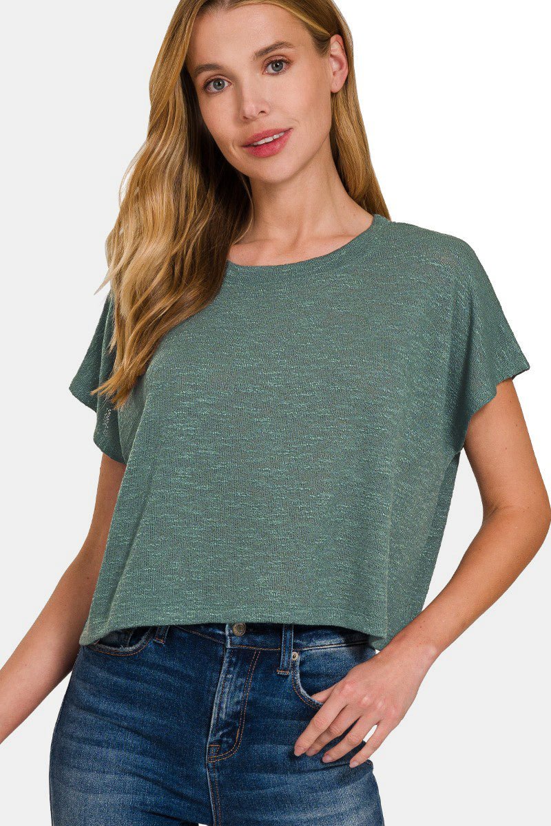 Zenana Round Neck Short Sleeve Crop T - Shirt - Top - Ash Jade - Bella Bourget