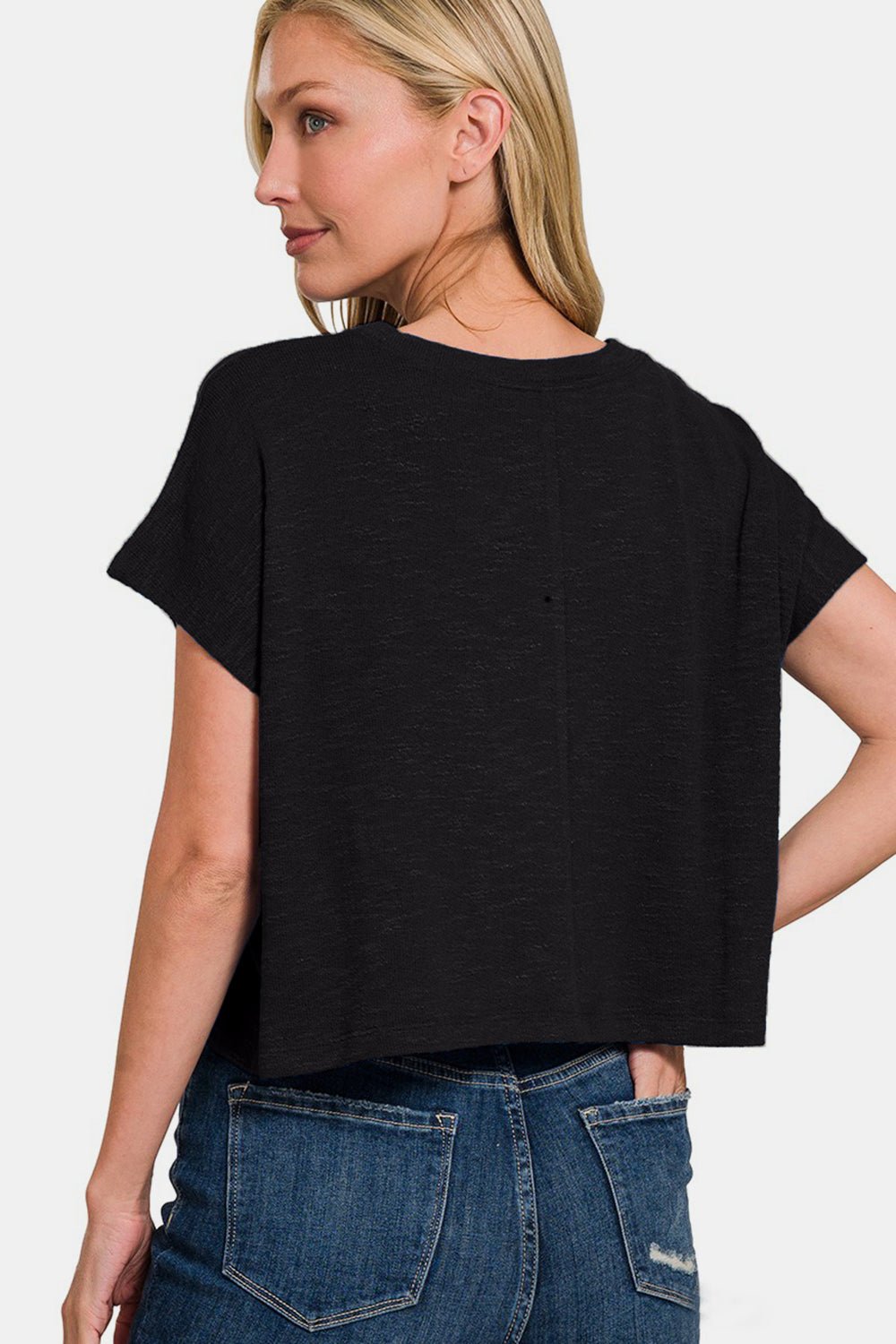 Zenana Round Neck Short Sleeve Crop T - Shirt - Top - Black - Bella Bourget