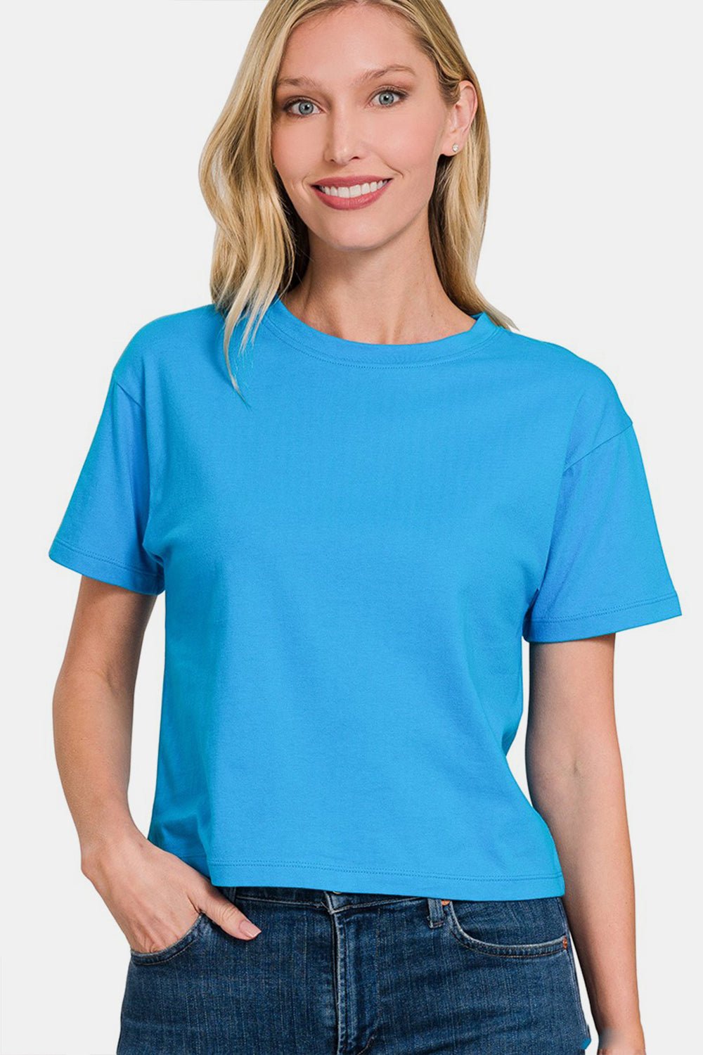 Zenana Round Neck Short Sleeve Cropped T - Shirt - Top - Deep Sky - Bella Bourget