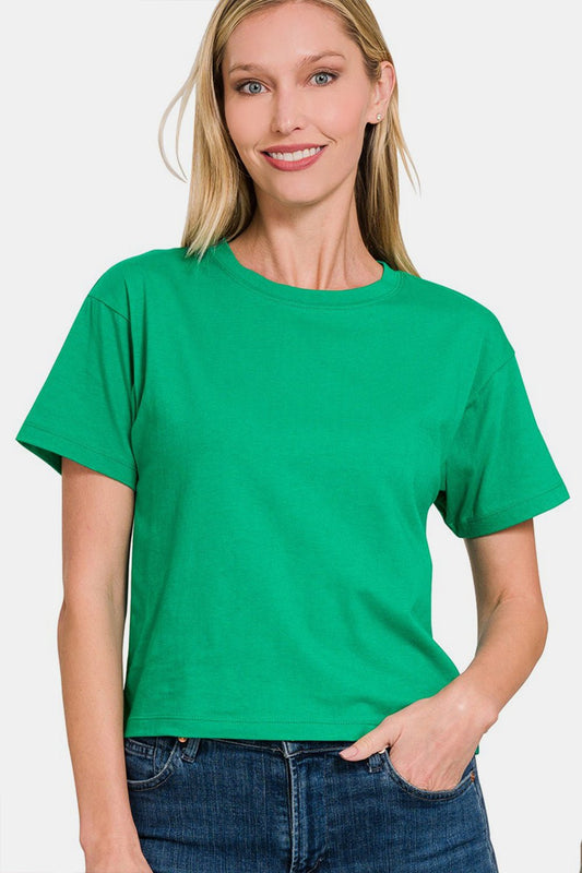 Zenana Round Neck Short Sleeve Cropped T - Shirt - Top - Green - Bella Bourget