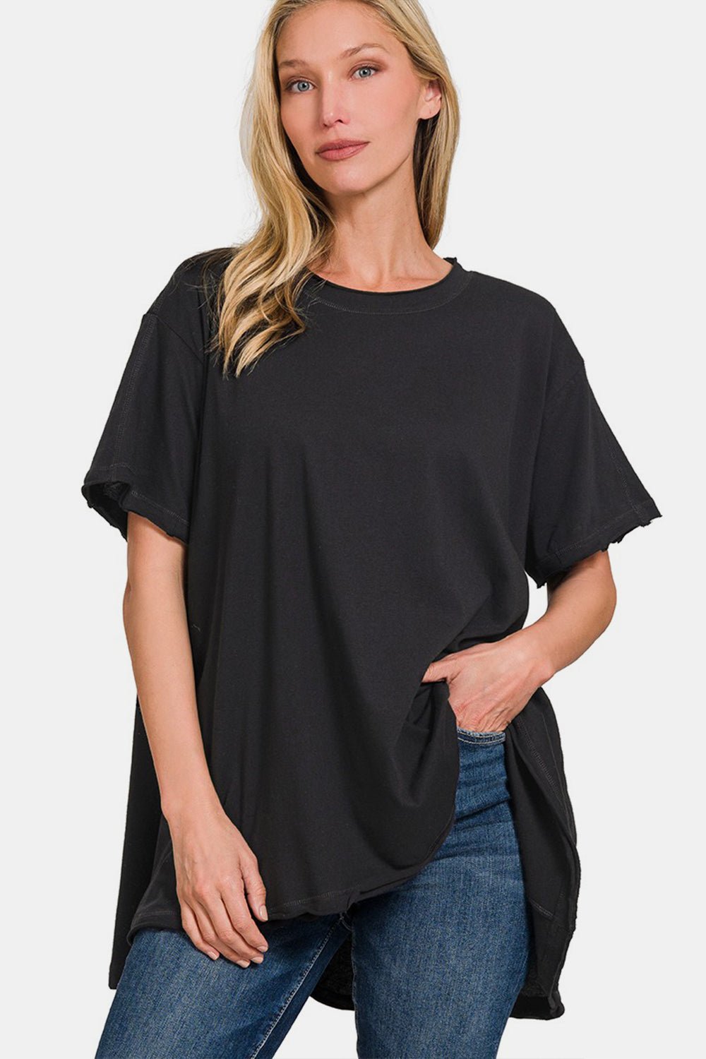 Zenana Round Neck Short Sleeve T - Shirt - Top - Black - Bella Bourget