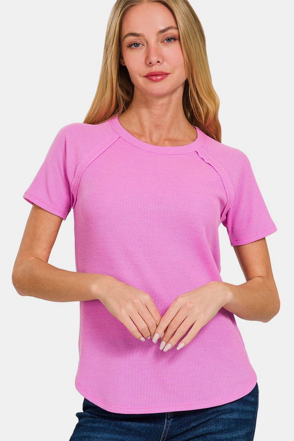 Zenana Round Neck Short Sleeve Waffle T - Shirt - Top - BRIGHT MAUVE - Bella Bourget