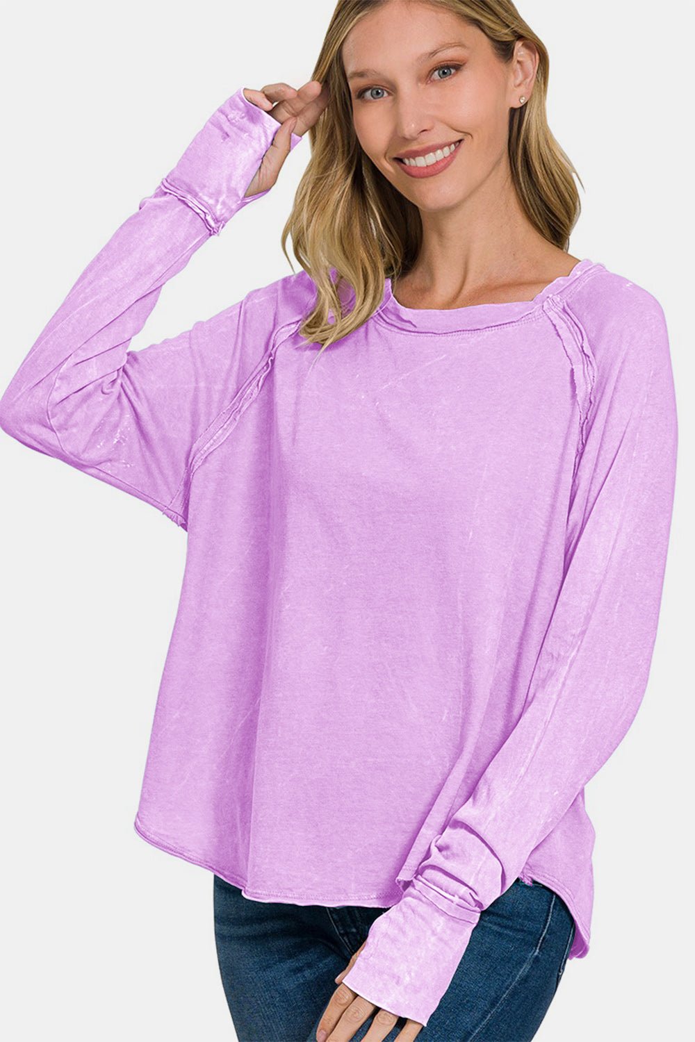 Zenana Round Neck Thumbhole Long Sleeve T-Shirt - T-Shirt - Lavender - Bella Bourget