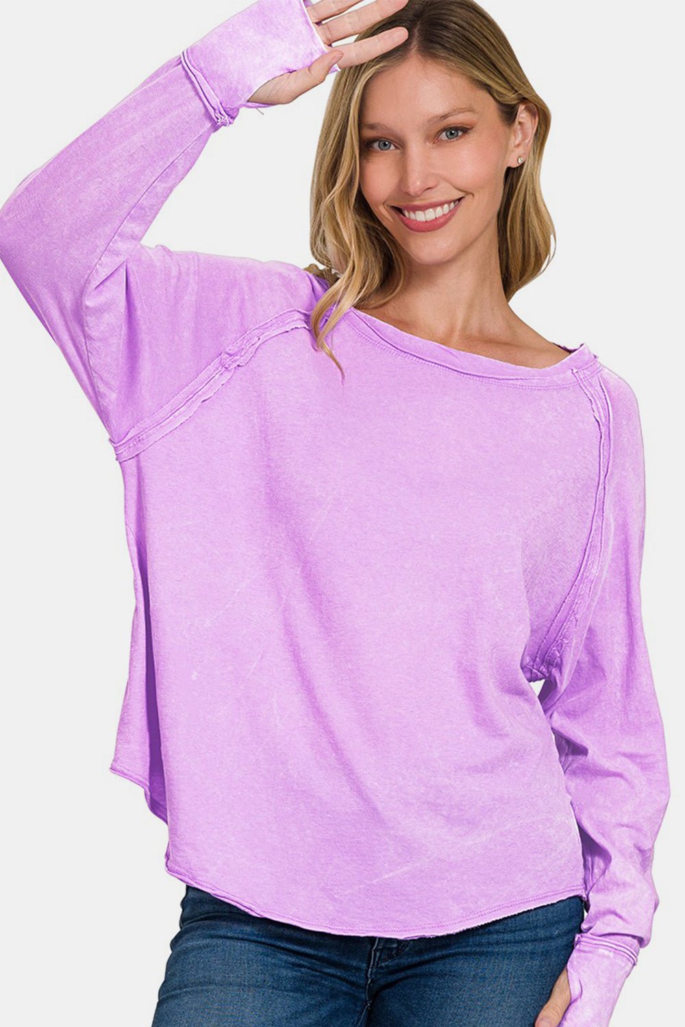 Zenana Round Neck Thumbhole Long Sleeve T-Shirt - T-Shirt - Lavender - Bella Bourget