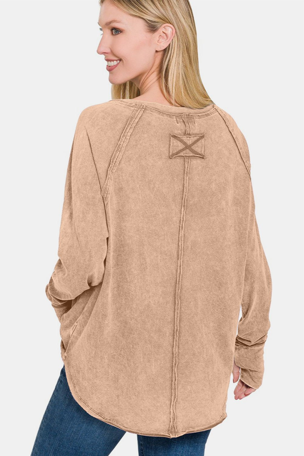 Zenana Round Neck Thumbhole Long Sleeve T-Shirt - Top - Ash Mocha - Bella Bourget