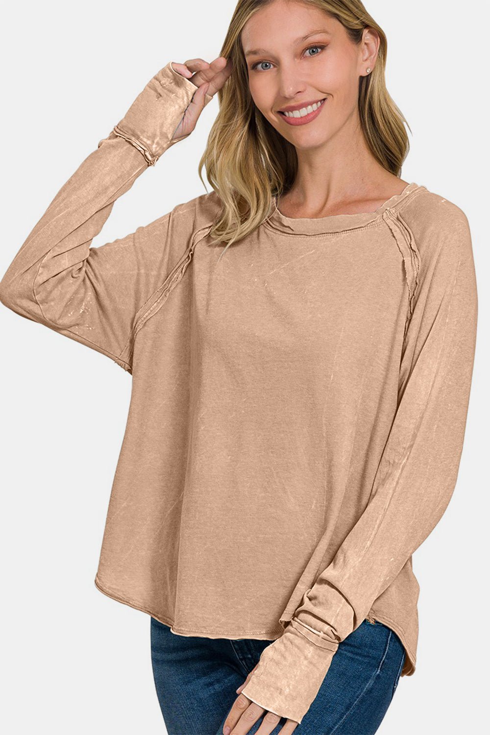 Zenana Round Neck Thumbhole Long Sleeve T-Shirt - Top - Ash Mocha - Bella Bourget