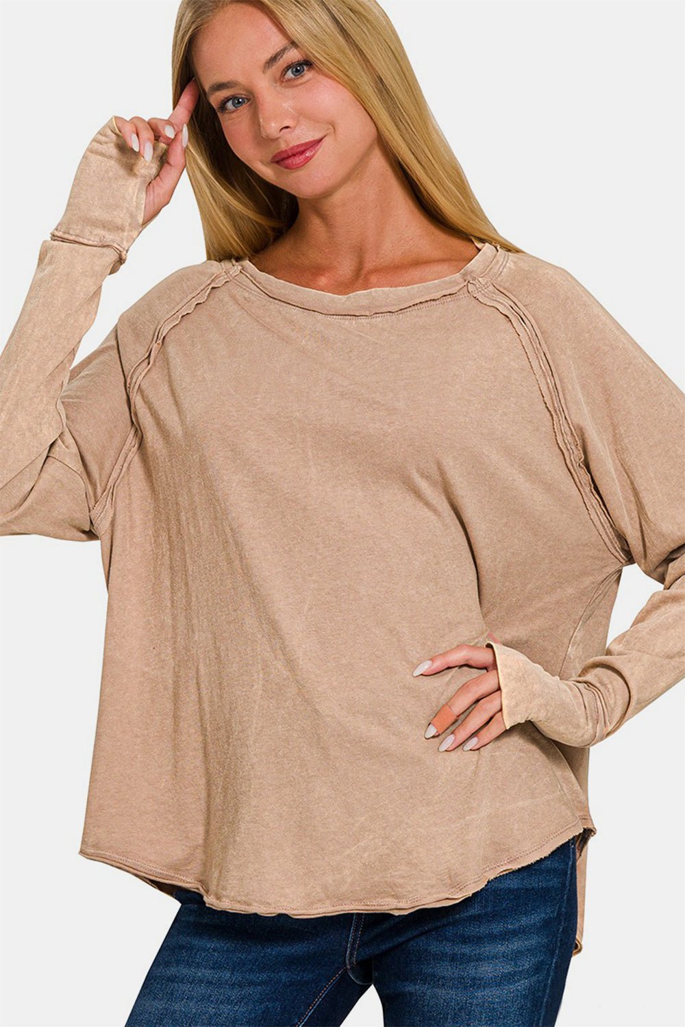 Zenana Round Neck Thumbhole Long Sleeve T-Shirt - Top - Ash Mocha - Bella Bourget