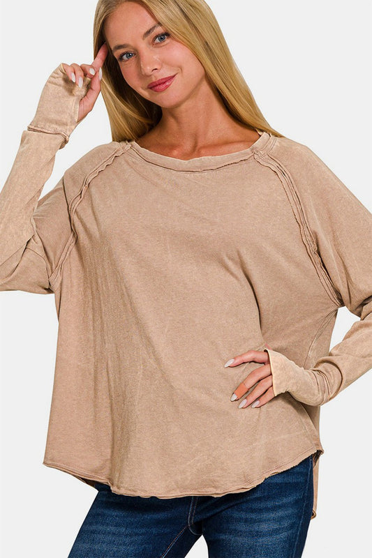 Zenana Round Neck Thumbhole Long Sleeve T-Shirt - Top - Ash Mocha - Bella Bourget