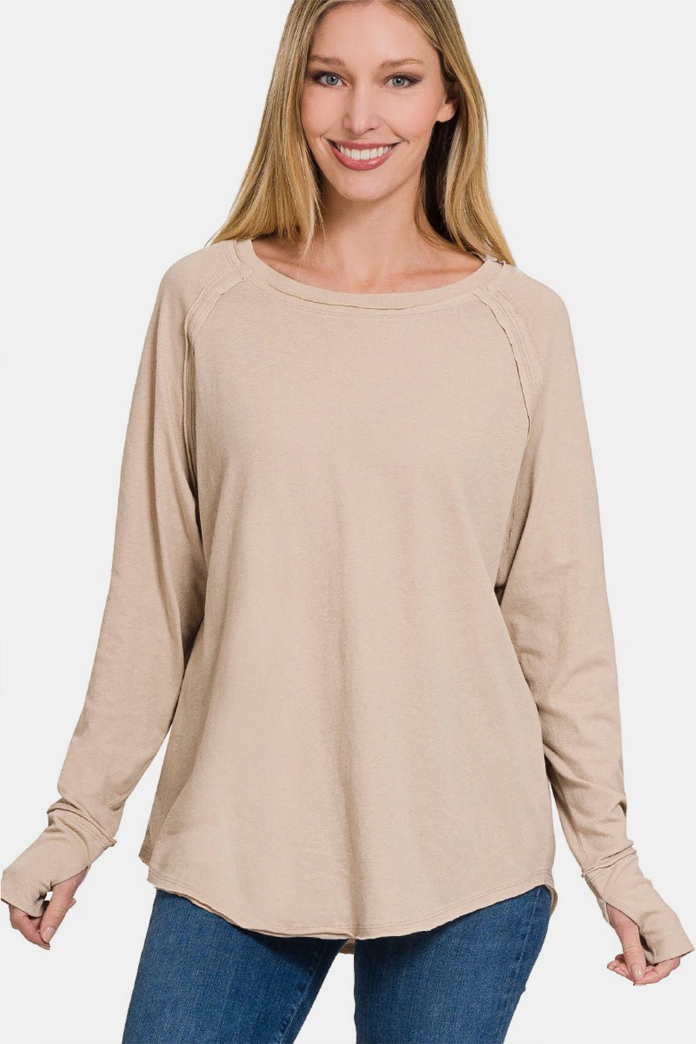 Zenana Round Neck Thumbhole Long Sleeve Top - Top - LT MOCHA - Bella Bourget