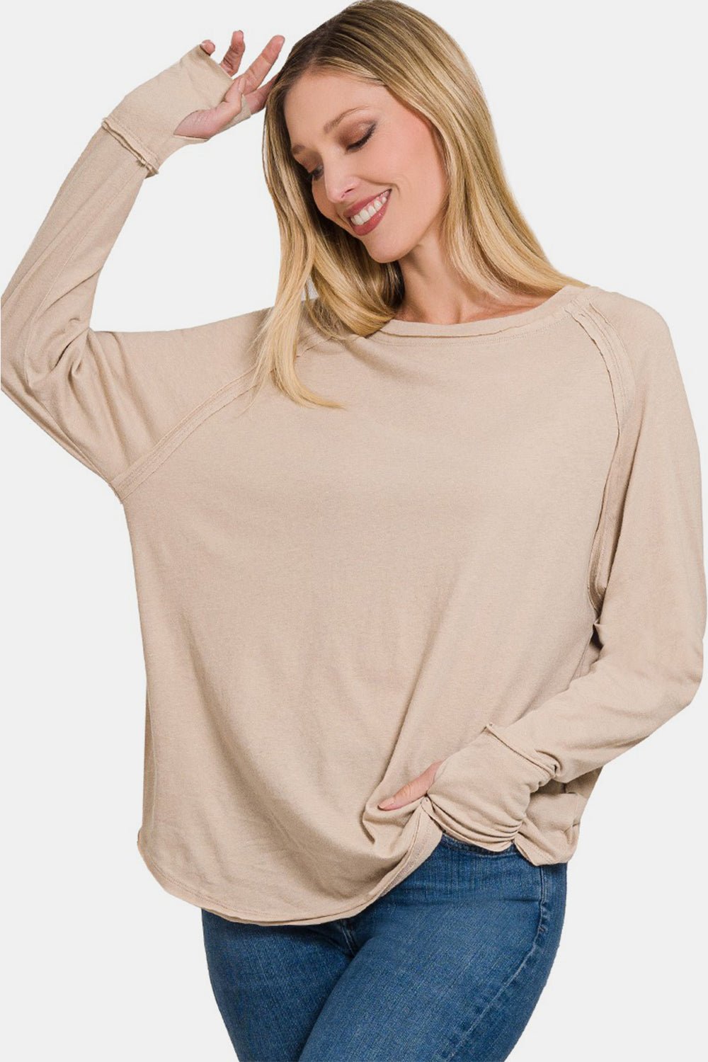 Zenana Round Neck Thumbhole Long Sleeve Top - Top - LT MOCHA - Bella Bourget