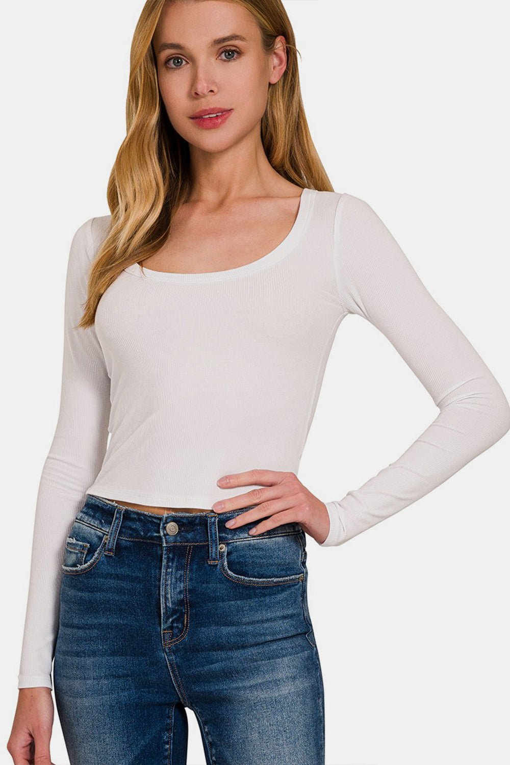 Zenana Scoop Neck Long Sleeve T - Shirt - Top - White - Bella Bourget