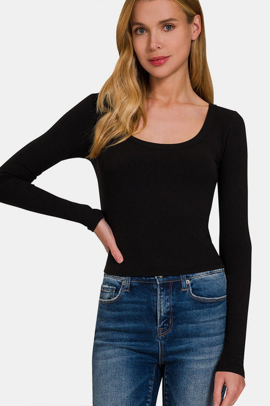 Zenana Scoop Neck Long Sleeve T - Shirt - Top - Black - Bella Bourget