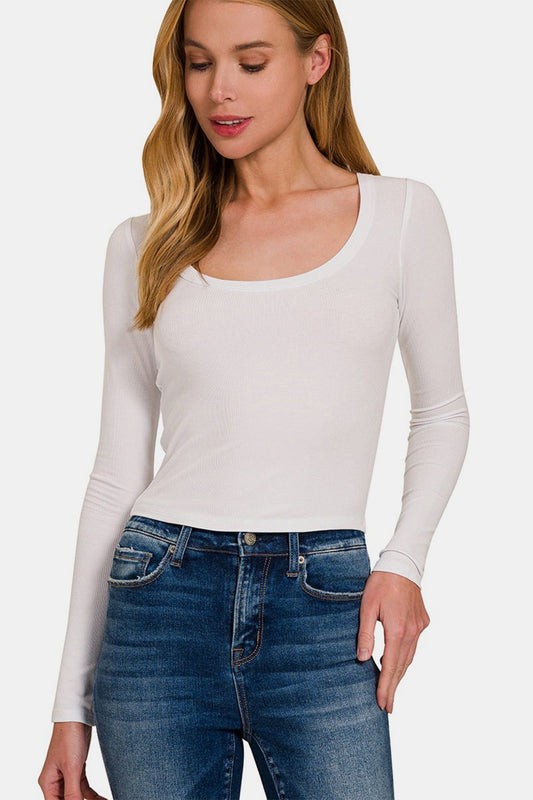 Zenana Scoop Neck Long Sleeve T - Shirt - Top - White - Bella Bourget