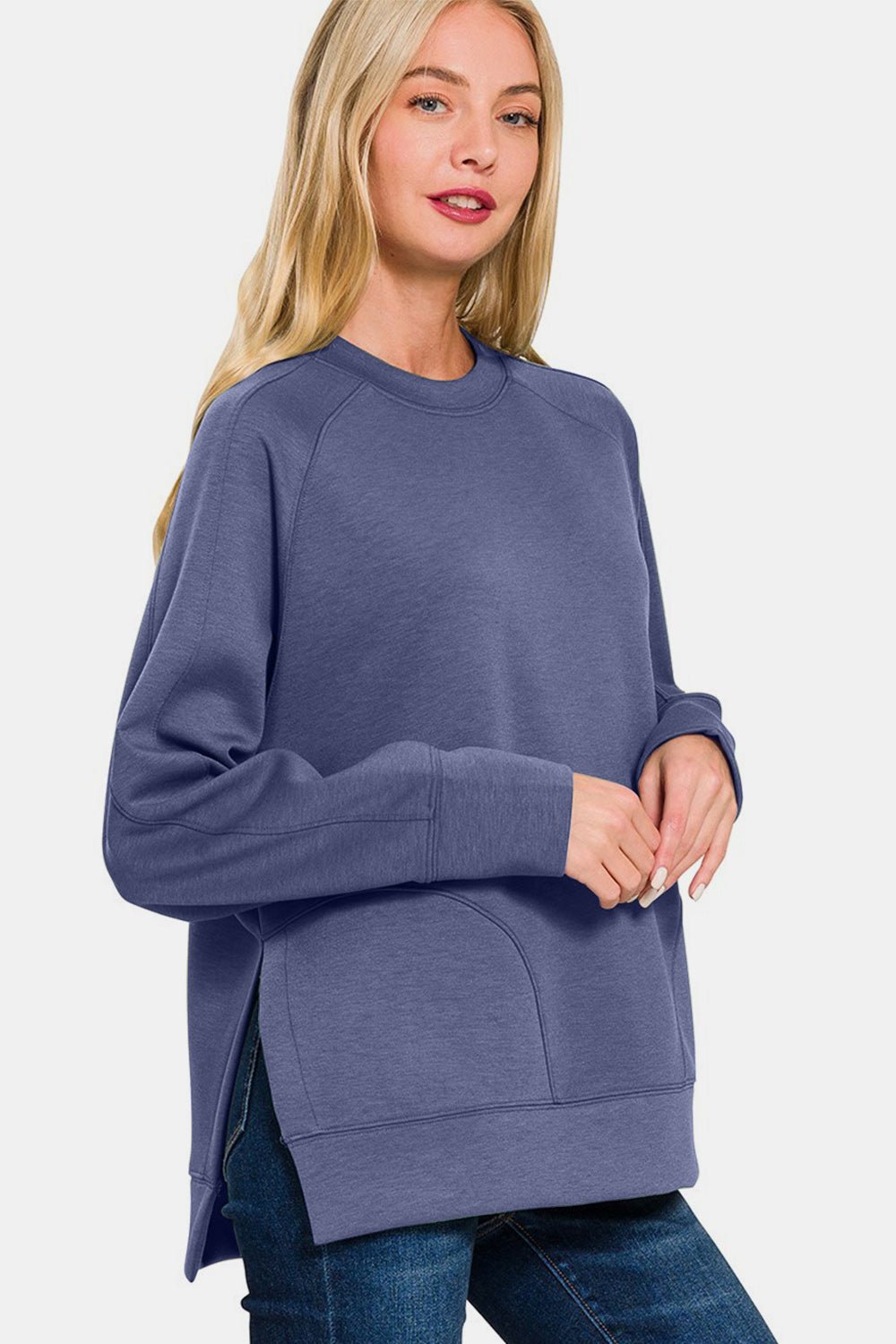 Zenana Scuba Round Neck Side Slit Sweatshirt - Sweatshirt - Blue Indigo - Bella Bourget