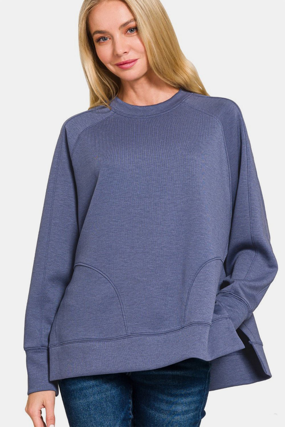 Zenana Scuba Round Neck Side Slit Sweatshirt - Sweatshirt - Blue Indigo - Bella Bourget