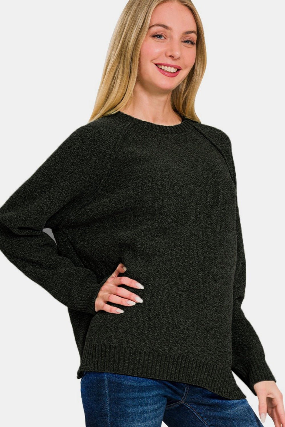 Zenana Side Slit Raglan Sleeve Sweater - Sweater - Black - Bella Bourget