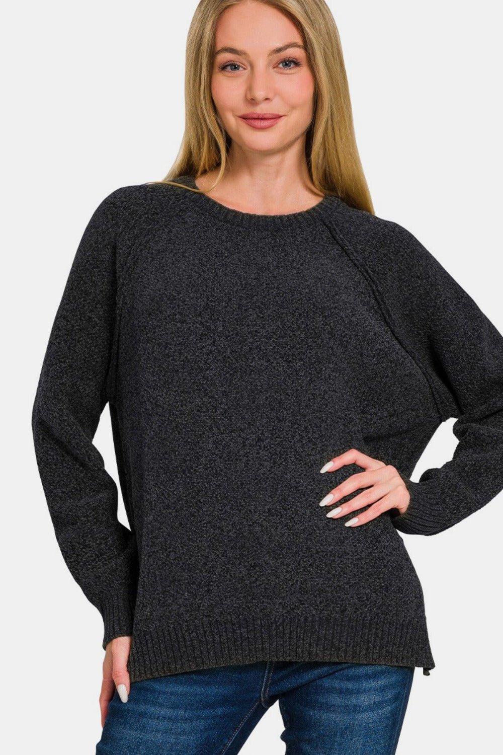 Zenana Side Slit Raglan Sleeve Sweater - Sweater - Black - Bella Bourget