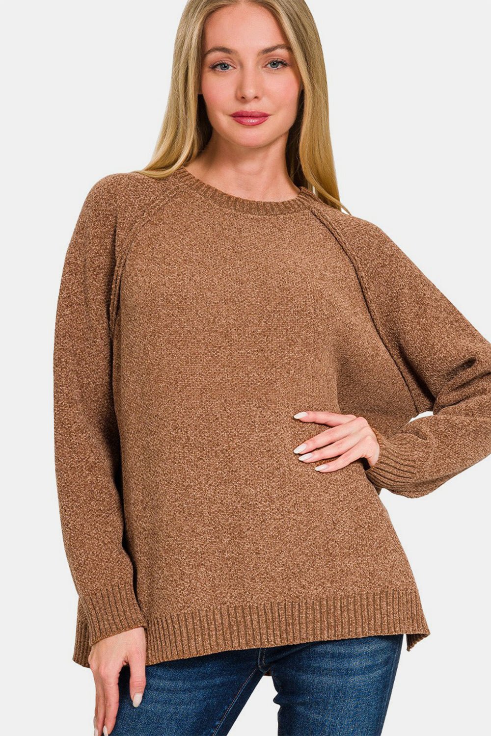 Zenana Side Slit Raglan Sleeve Sweater - Sweater - Deep Camel - Bella Bourget