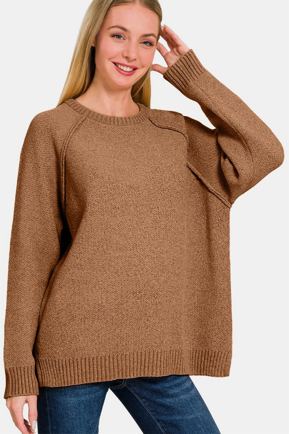 Zenana Side Slit Raglan Sleeve Sweater - Sweater - Deep Camel - Bella Bourget