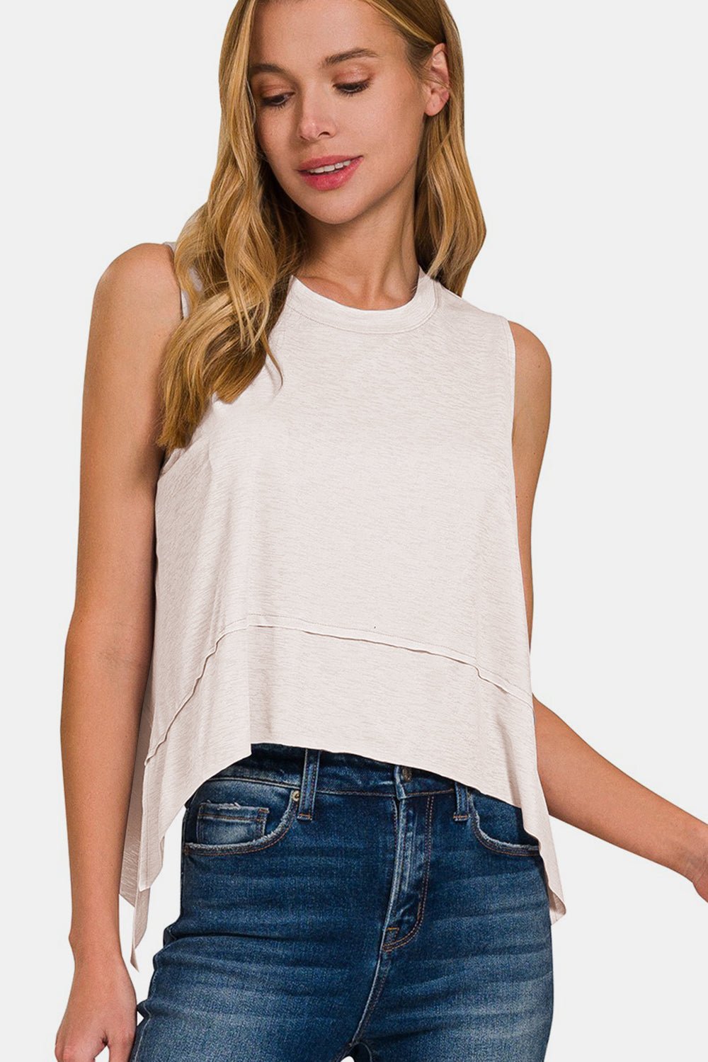 Zenana Slit High - Low Round Neck Tank - Top - Ivory - Bella Bourget