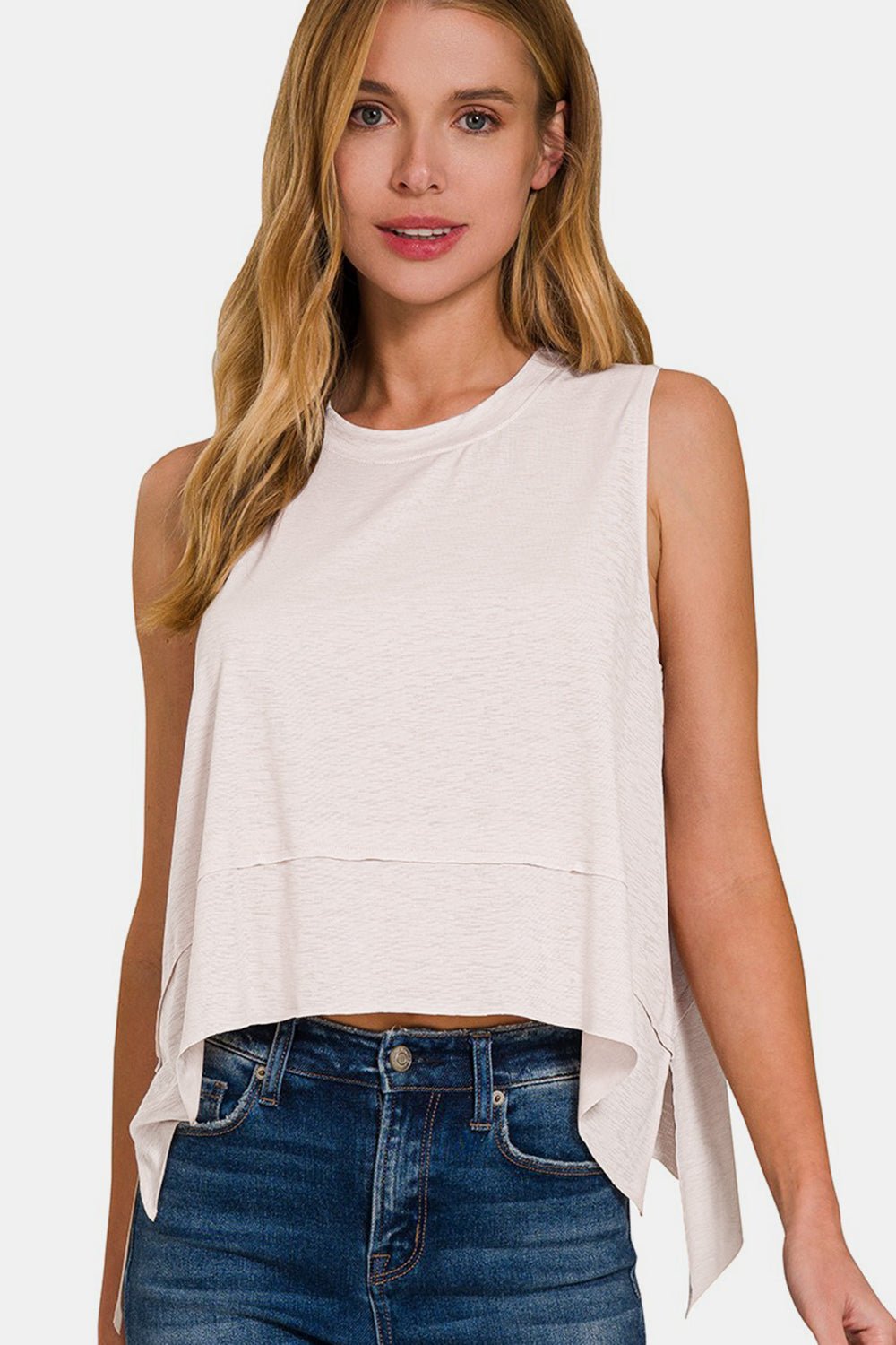 Zenana Slit High - Low Round Neck Tank - Top - Ivory - Bella Bourget