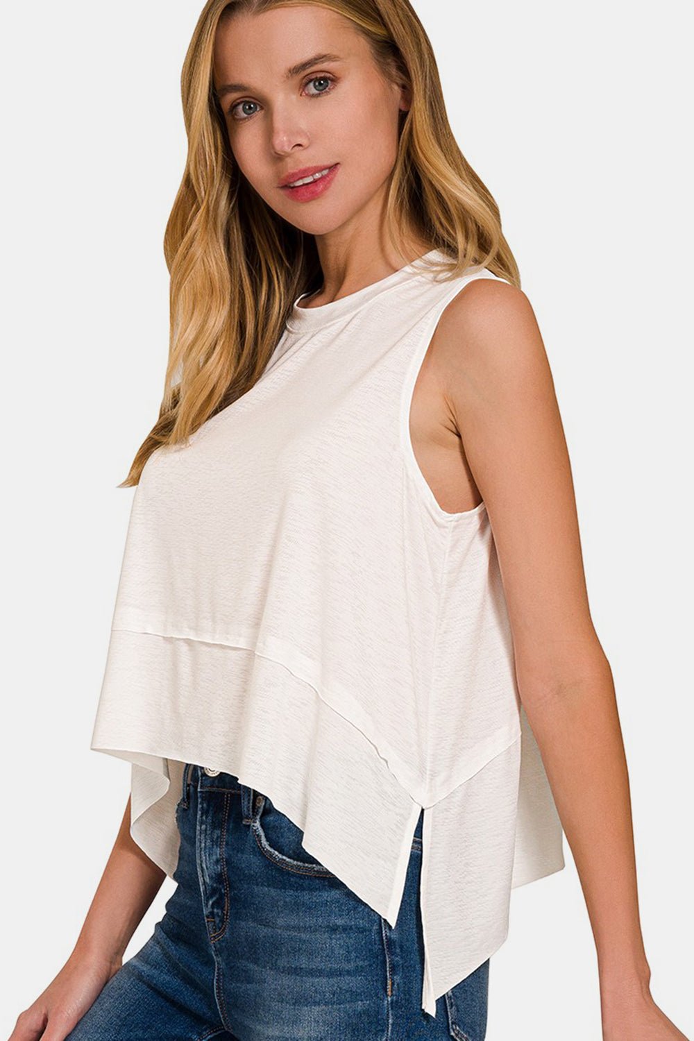 Zenana Slit High - Low Round Neck Tank - Top - Ivory - Bella Bourget