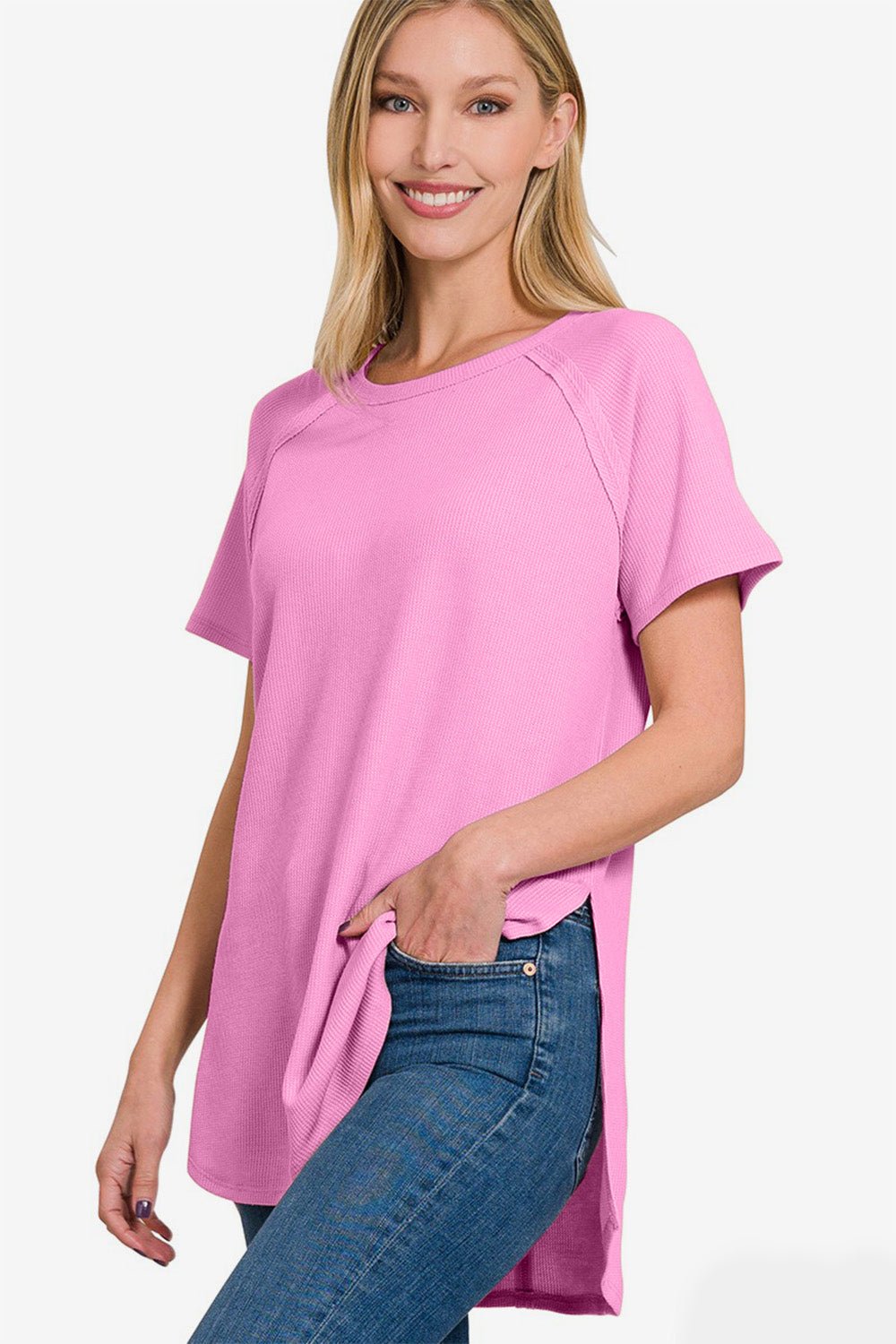 Zenana Slit Round Neck Short Sleeve Waffle Top - Top - BRIGHT MAUVE - Bella Bourget