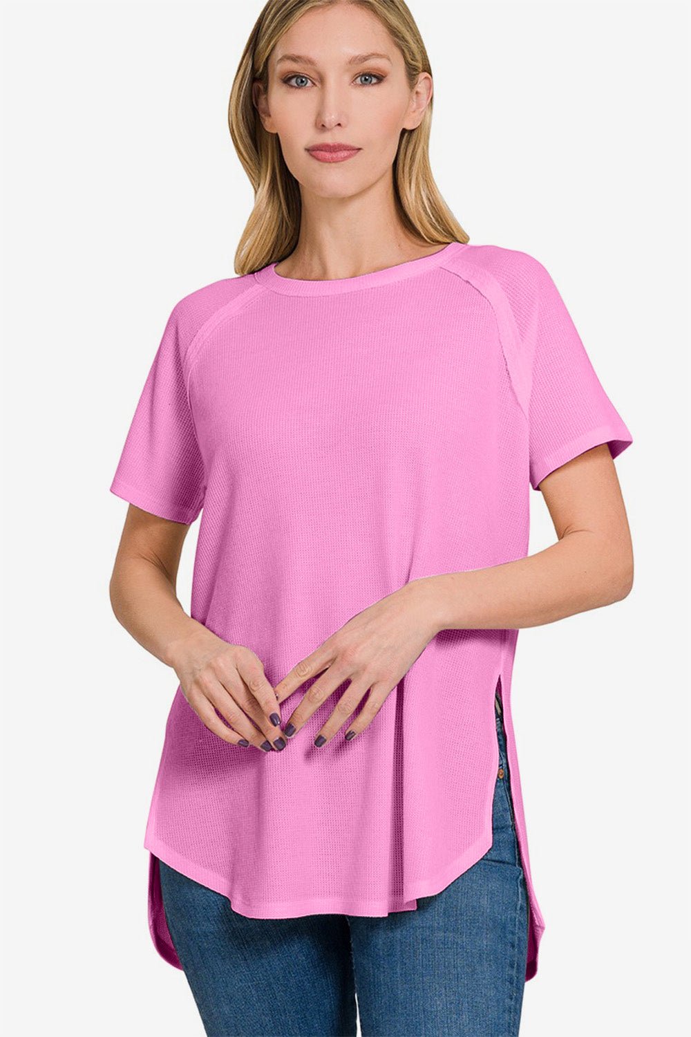 Zenana Slit Round Neck Short Sleeve Waffle Top - Top - BRIGHT MAUVE - Bella Bourget