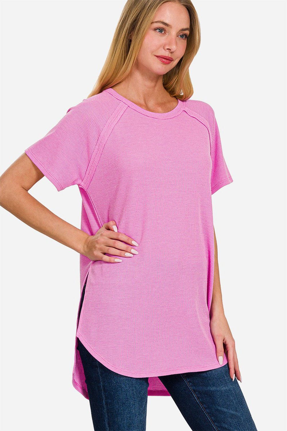 Zenana Slit Round Neck Short Sleeve Waffle Top - Top - BRIGHT MAUVE - Bella Bourget