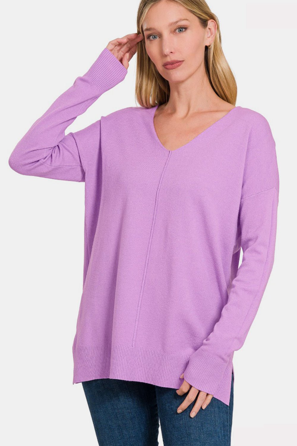 Zenana Slit V - Neck Dropped Shoulder Sweater - Sweater - BLAVENDER - Bella Bourget