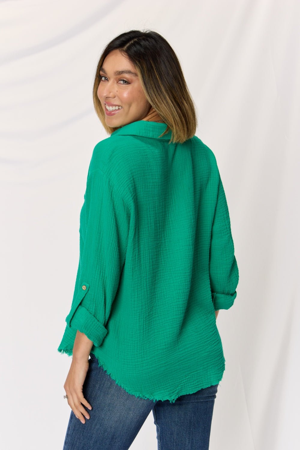 Zenana Texture Button Up Raw Hem Long Sleeve Shirt - Top - KGREEN - Bella Bourget