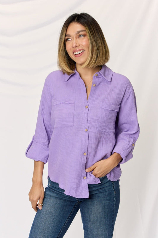 Zenana Texture Button Up Raw Hem Long Sleeve Shirt - Top - LAVENDER - Bella Bourget