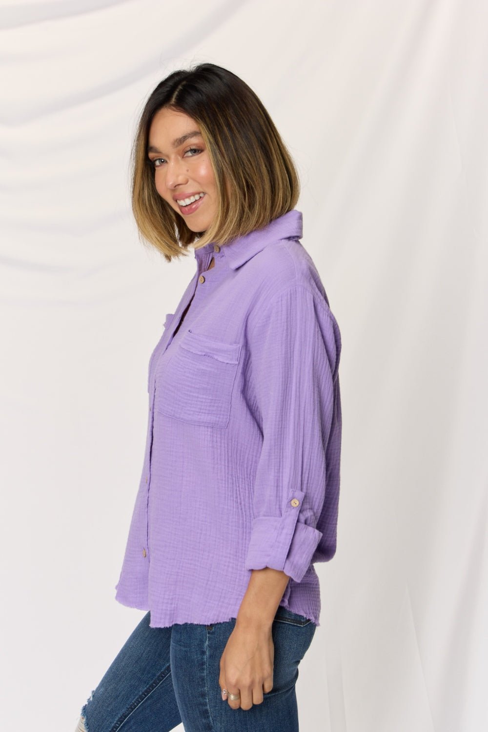 Zenana Texture Button Up Raw Hem Long Sleeve Shirt - Top - LAVENDER - Bella Bourget