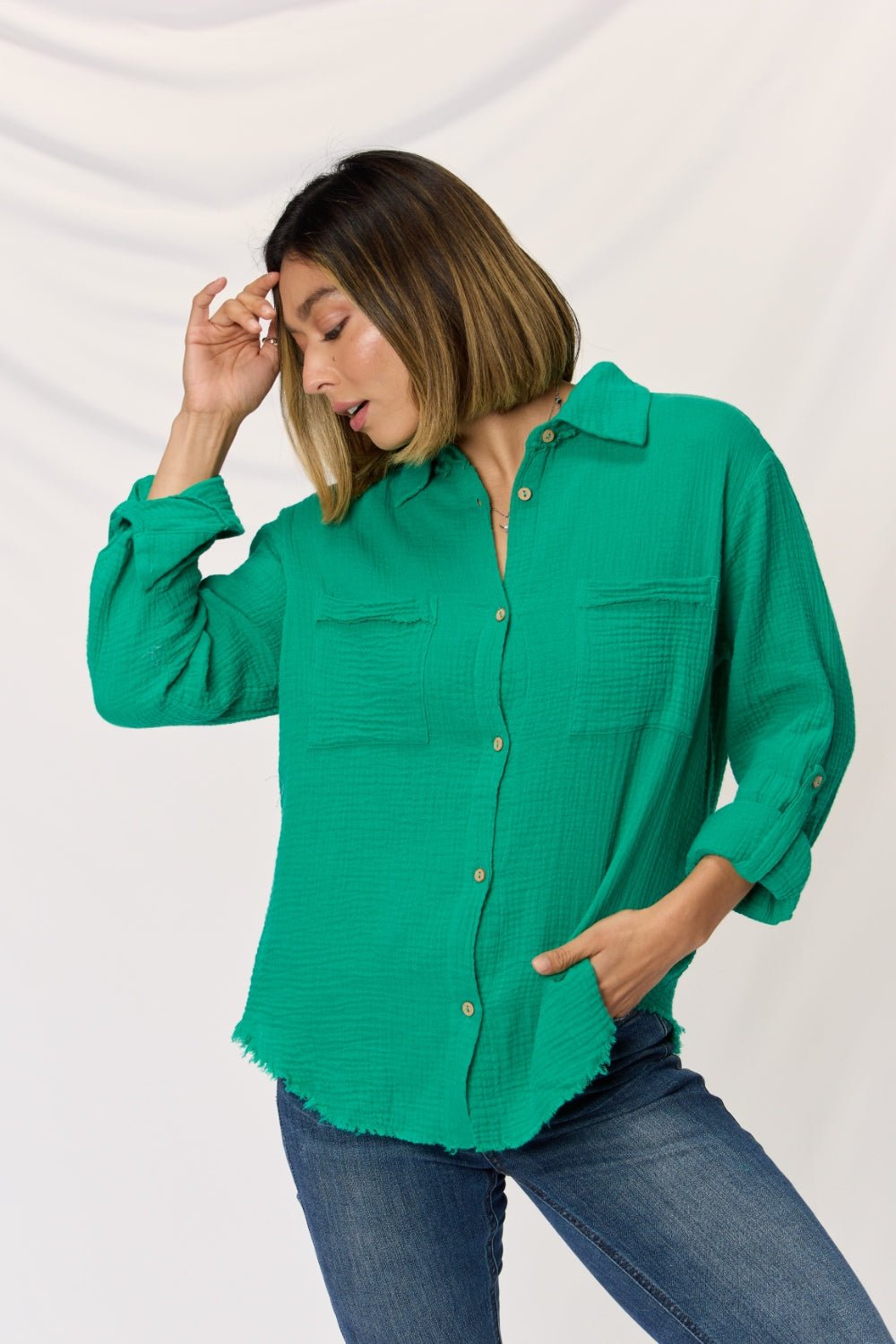 Zenana Texture Button Up Raw Hem Long Sleeve Shirt - Top - KGREEN - Bella Bourget