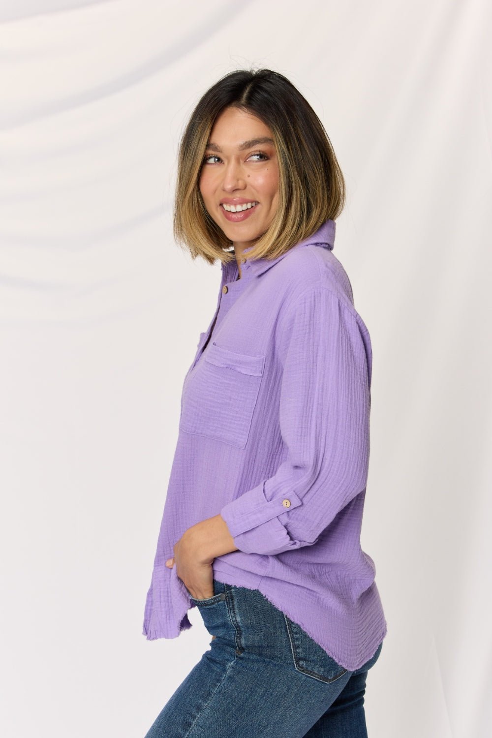 Zenana Texture Button Up Raw Hem Long Sleeve Shirt - Top - LAVENDER - Bella Bourget