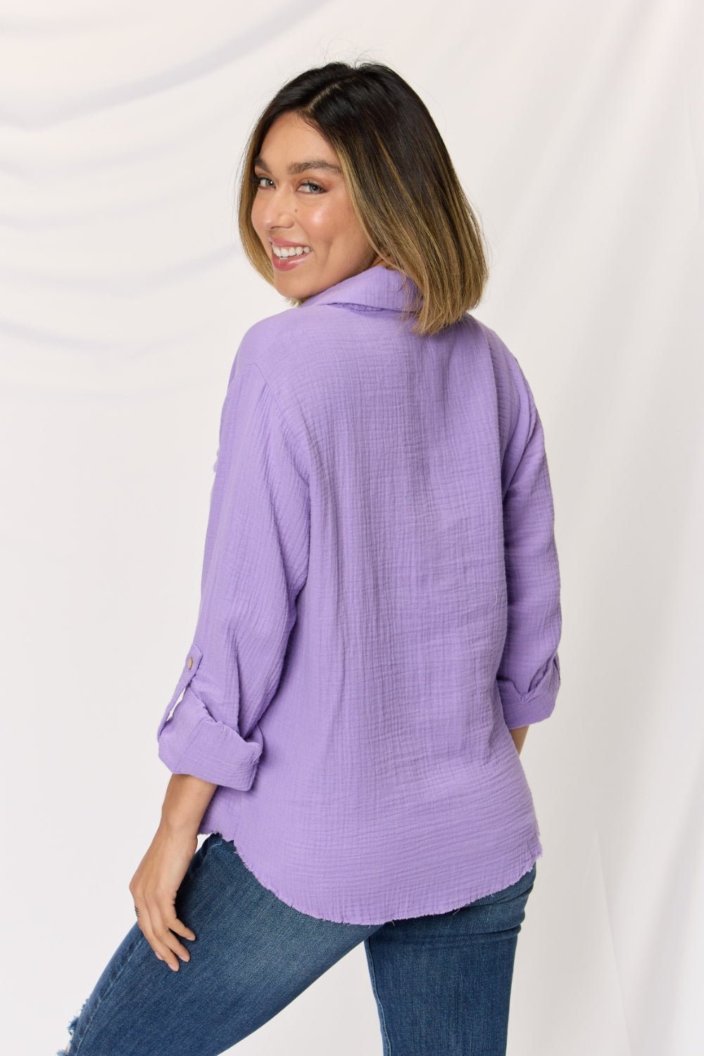 Zenana Texture Button Up Raw Hem Long Sleeve Shirt - Top - LAVENDER - Bella Bourget