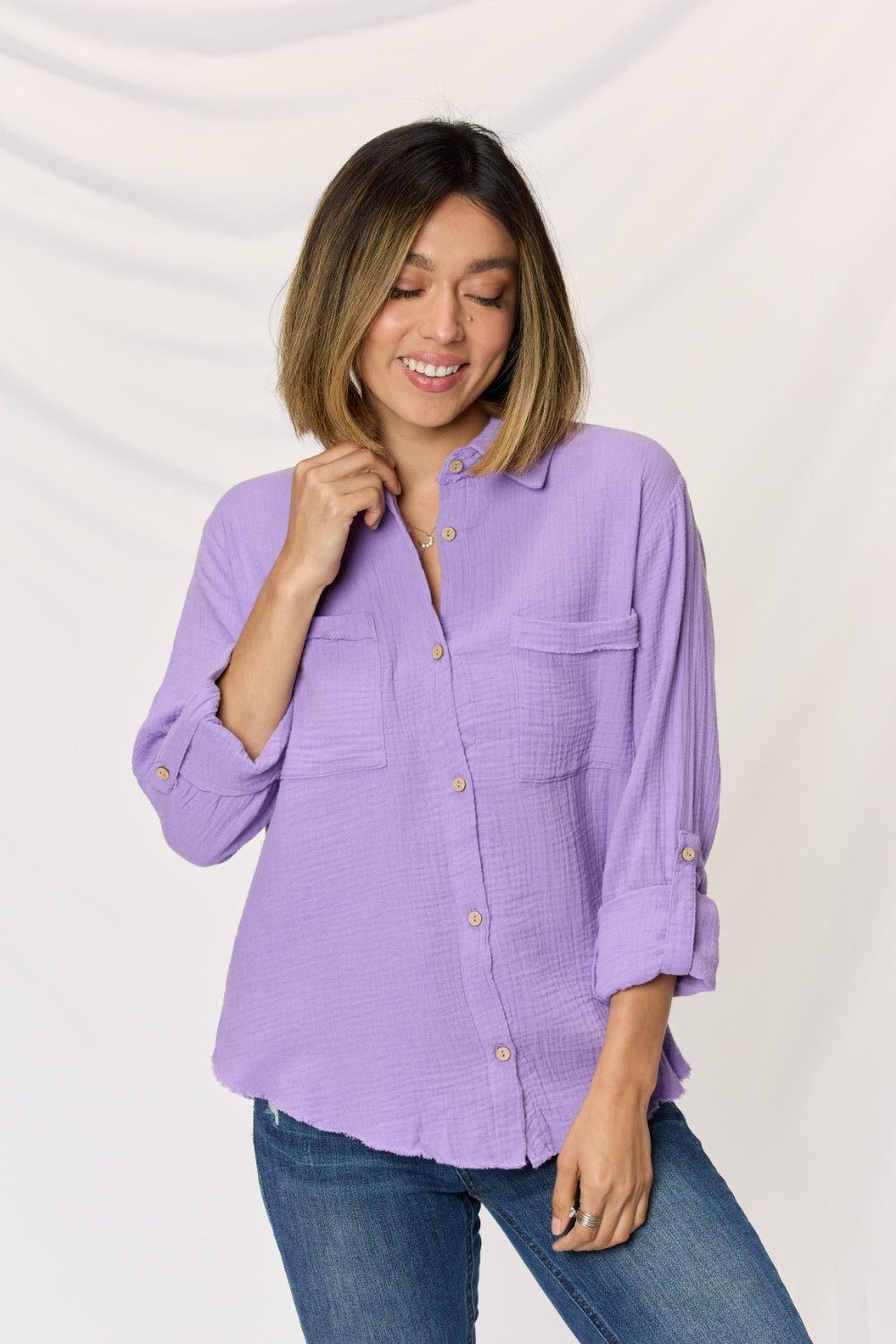 Zenana Texture Button Up Raw Hem Long Sleeve Shirt - Top - LAVENDER - Bella Bourget