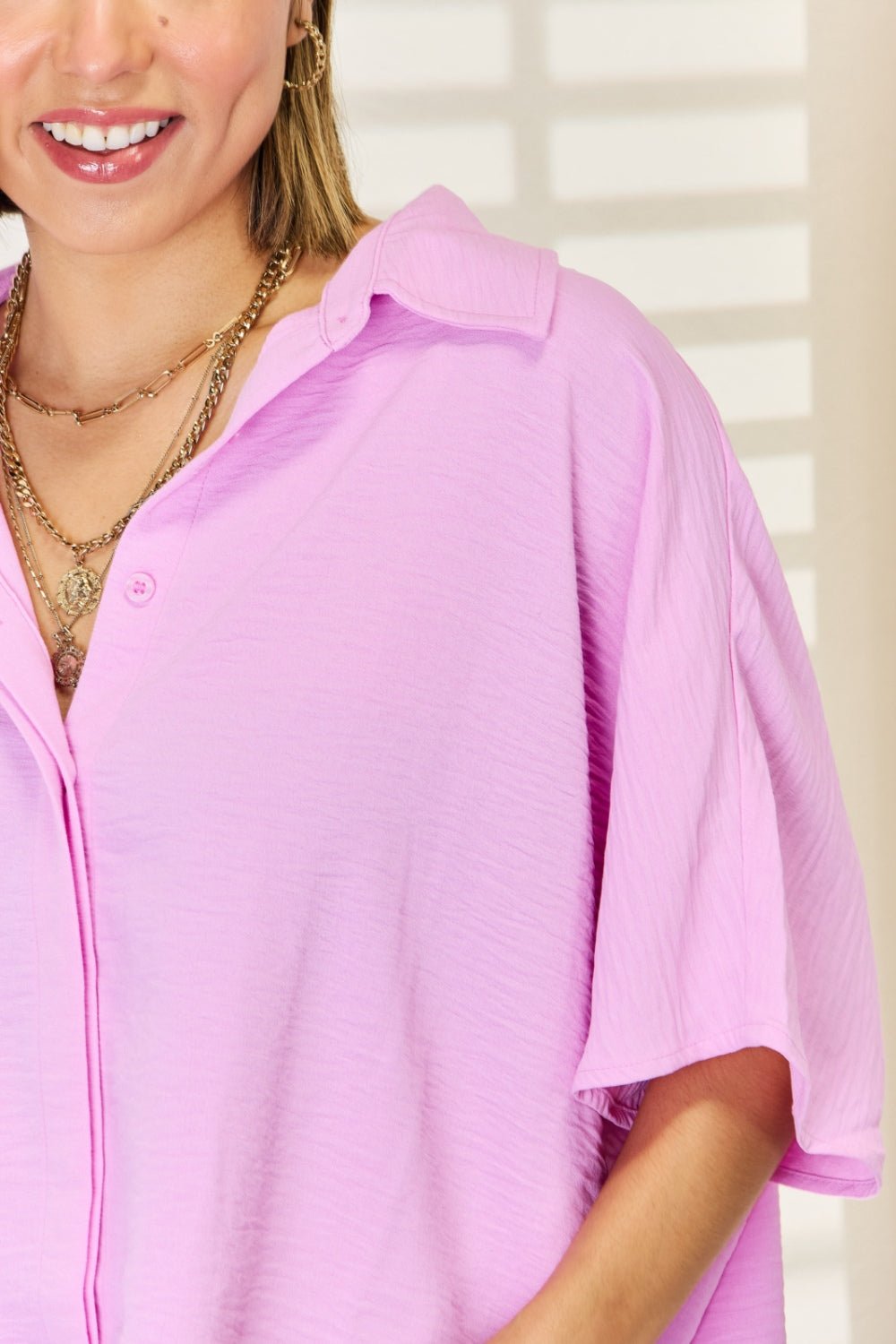 Zenana Texture Button Up Short Sleeve High - Low Shirt - blouse - Mauve - Bella Bourget