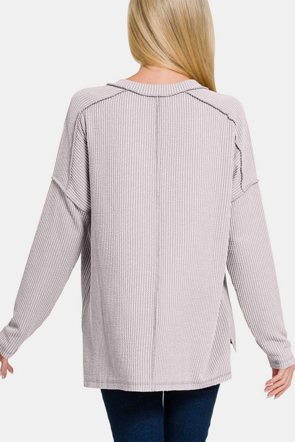 Zenana Texture Exposed Seam V - Neck Long Sleeve T-Shirt - Top - Light Gray - Bella Bourget