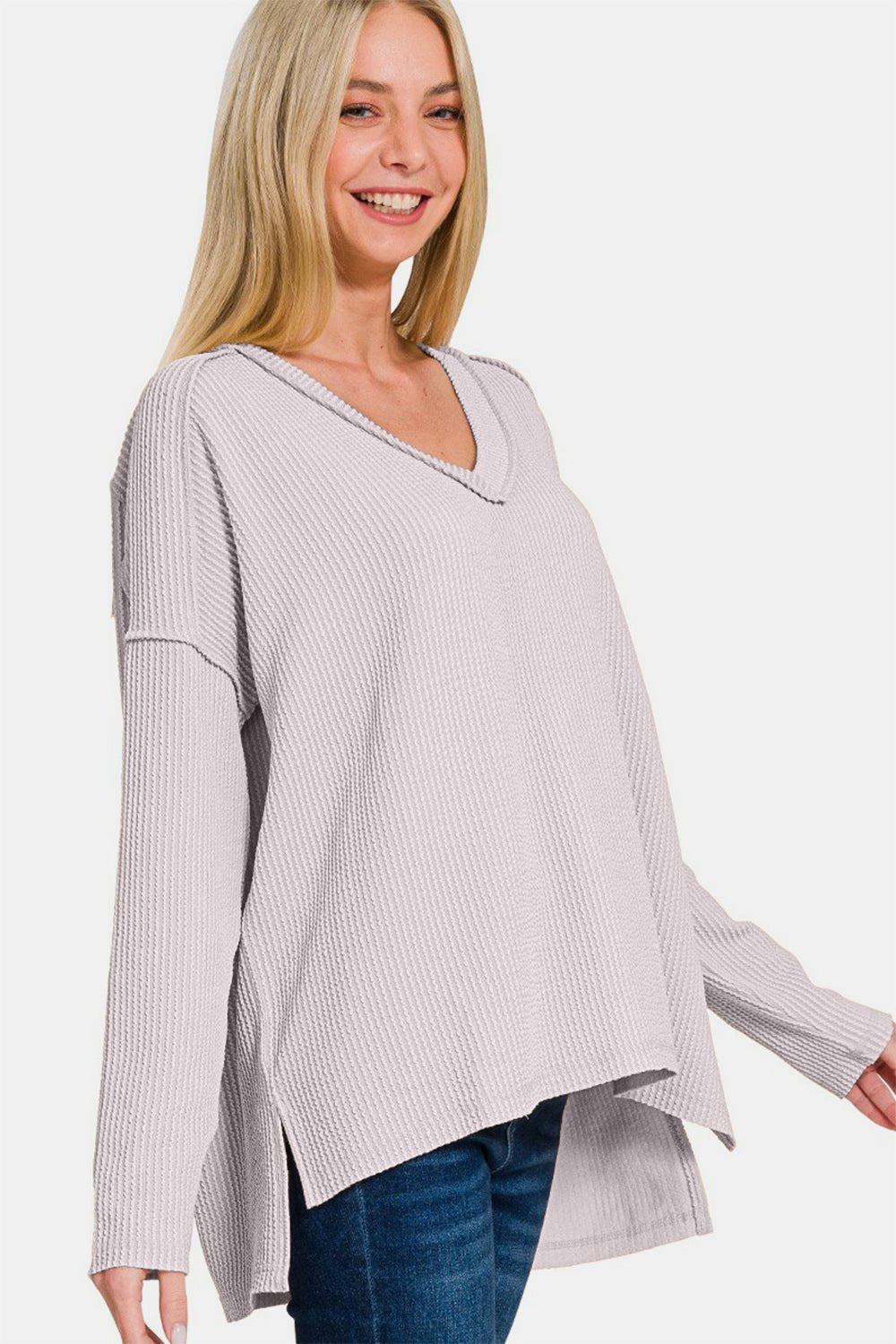 Zenana Texture Exposed Seam V - Neck Long Sleeve T-Shirt - Top - Light Gray - Bella Bourget