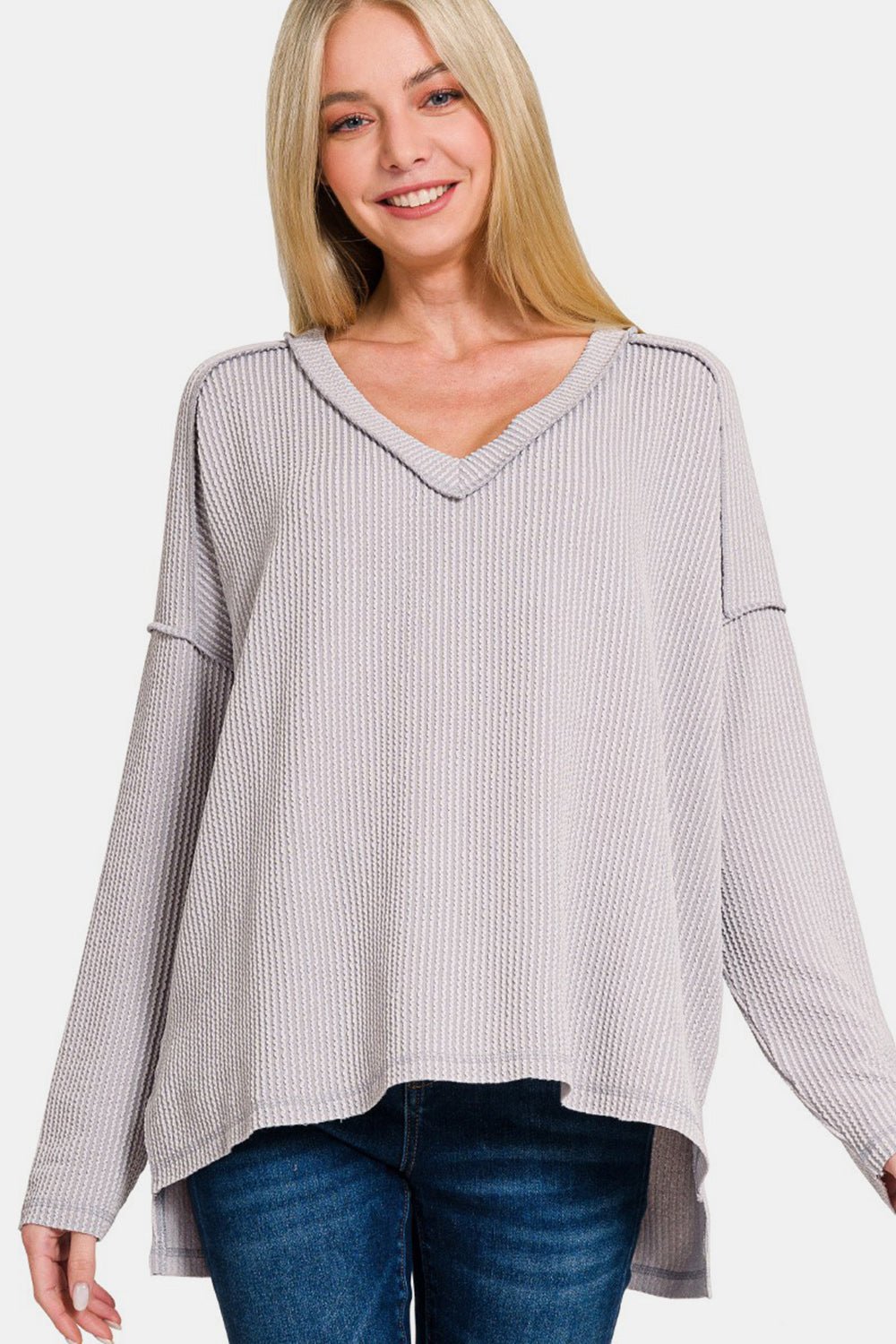 Zenana Texture Exposed Seam V - Neck Long Sleeve T-Shirt - Top - Light Gray - Bella Bourget