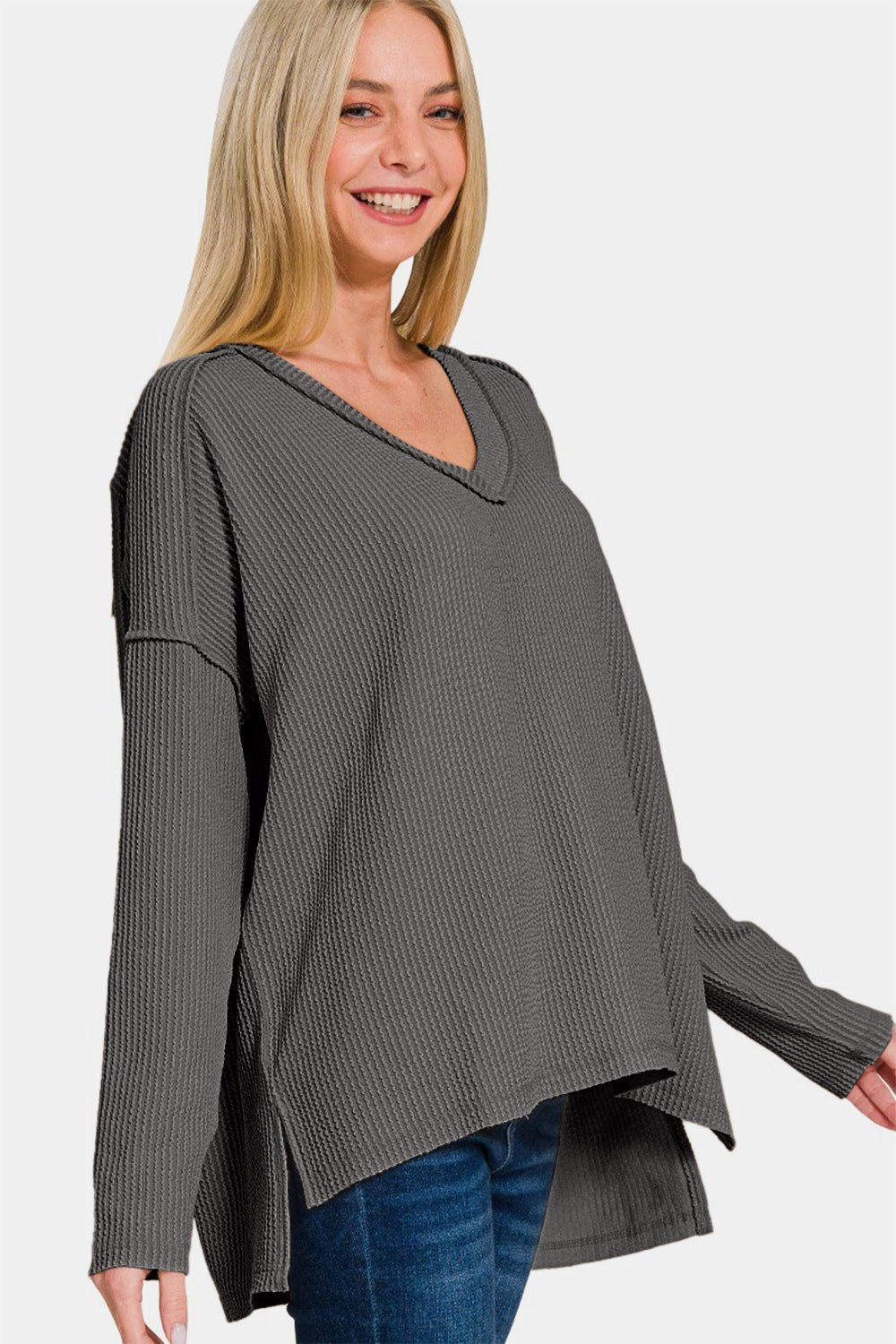 Zenana Texture Exposed Seam V - Neck Long Sleeve T-Shirt - T-Shirt - Charcoal - Bella Bourget