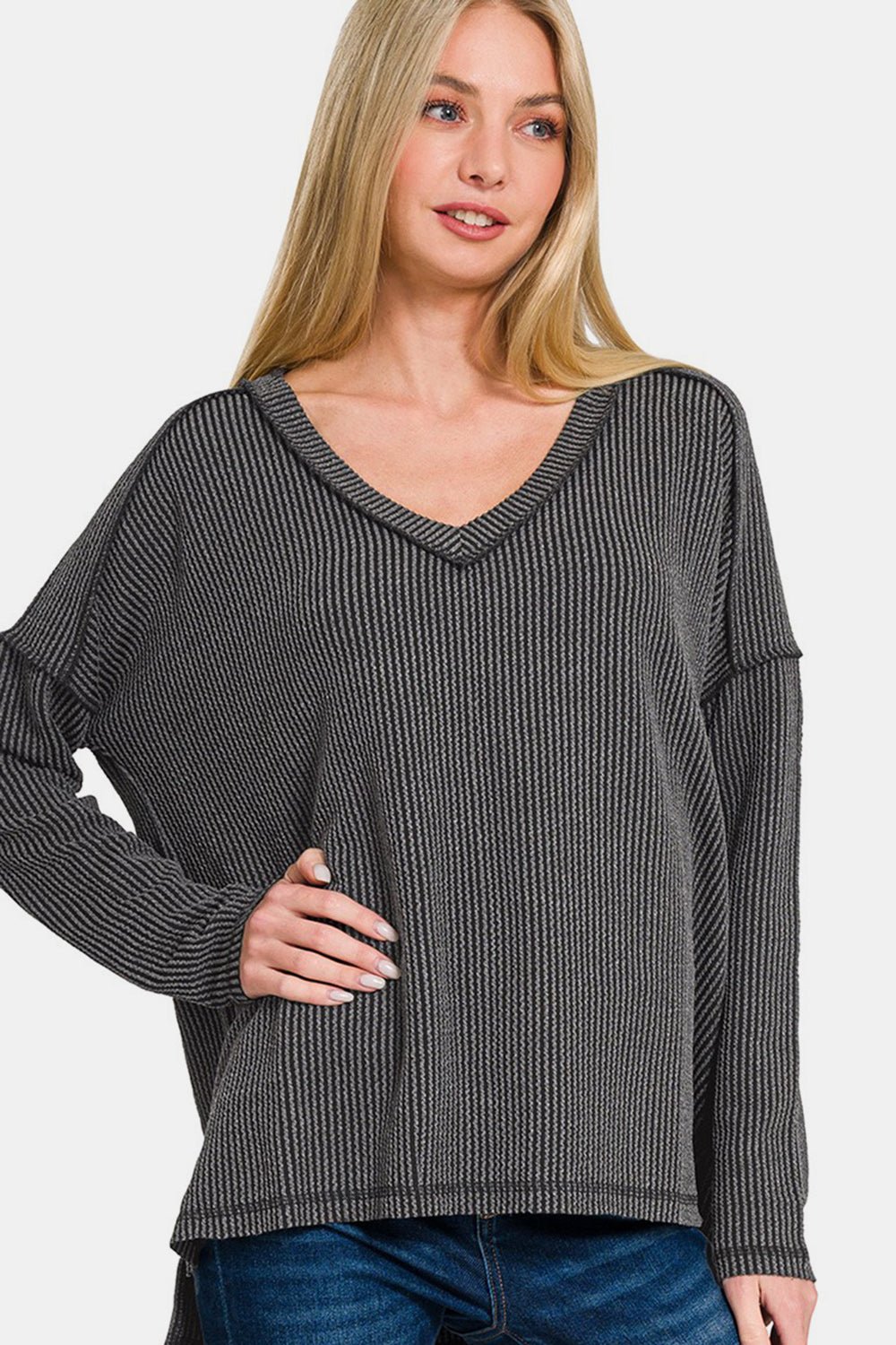 Zenana Texture Exposed Seam V - Neck Long Sleeve T-Shirt - T-Shirt - Charcoal - Bella Bourget