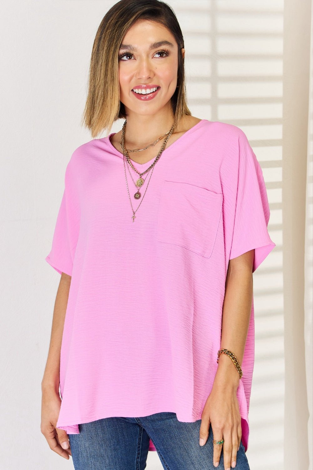 Zenana Texture Short Sleeve Blouse - blouse - Candy Pink - Bella Bourget