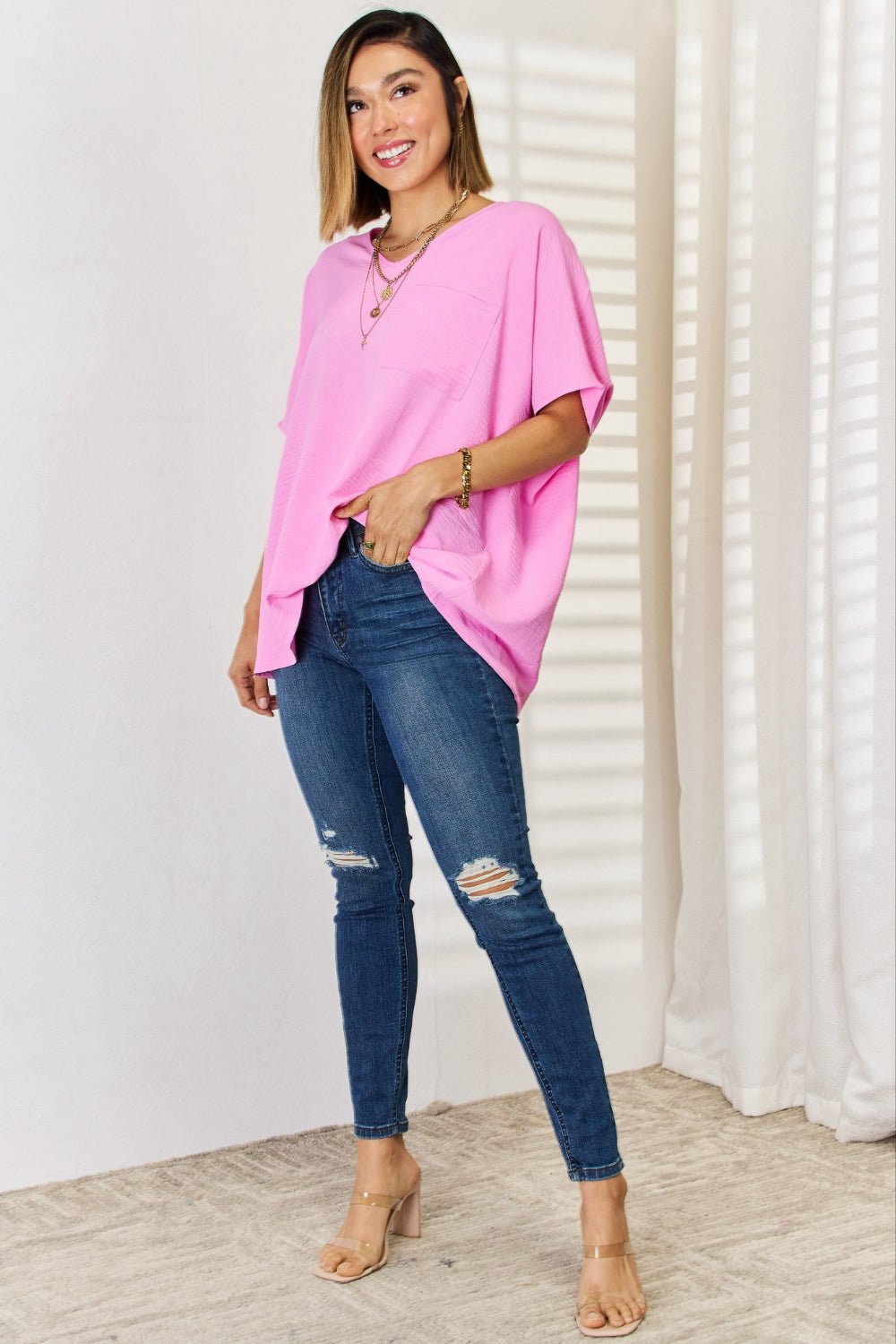 Zenana Texture Short Sleeve Blouse - blouse - Candy Pink - Bella Bourget